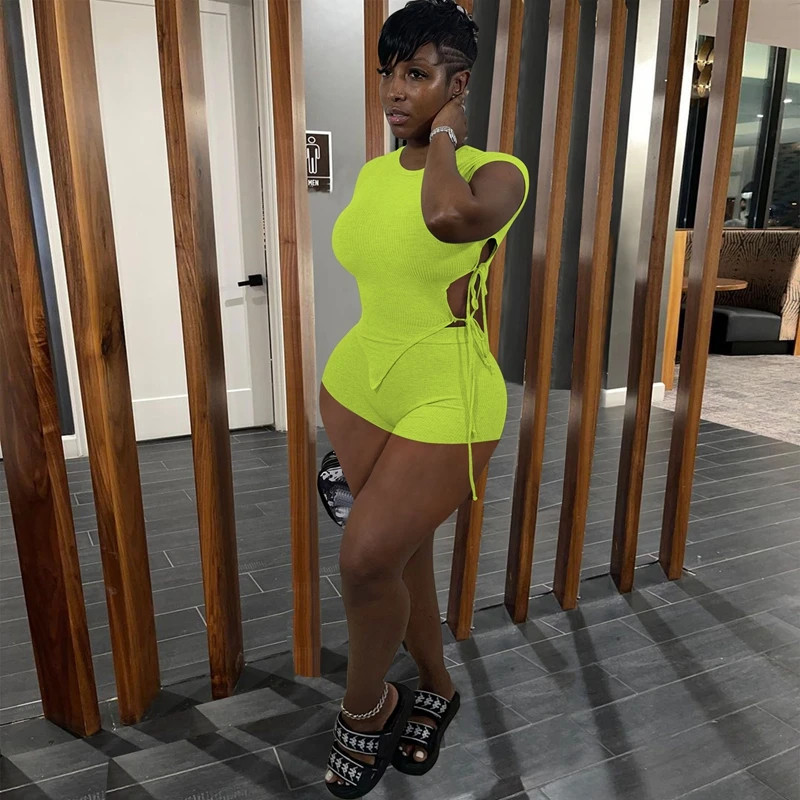 

Summer Clothing Two Piece Set Women Sexy solid Short sleeve Crop Top+shorts Sets Sports Lounge Club Outfit Streetwear Wholesale