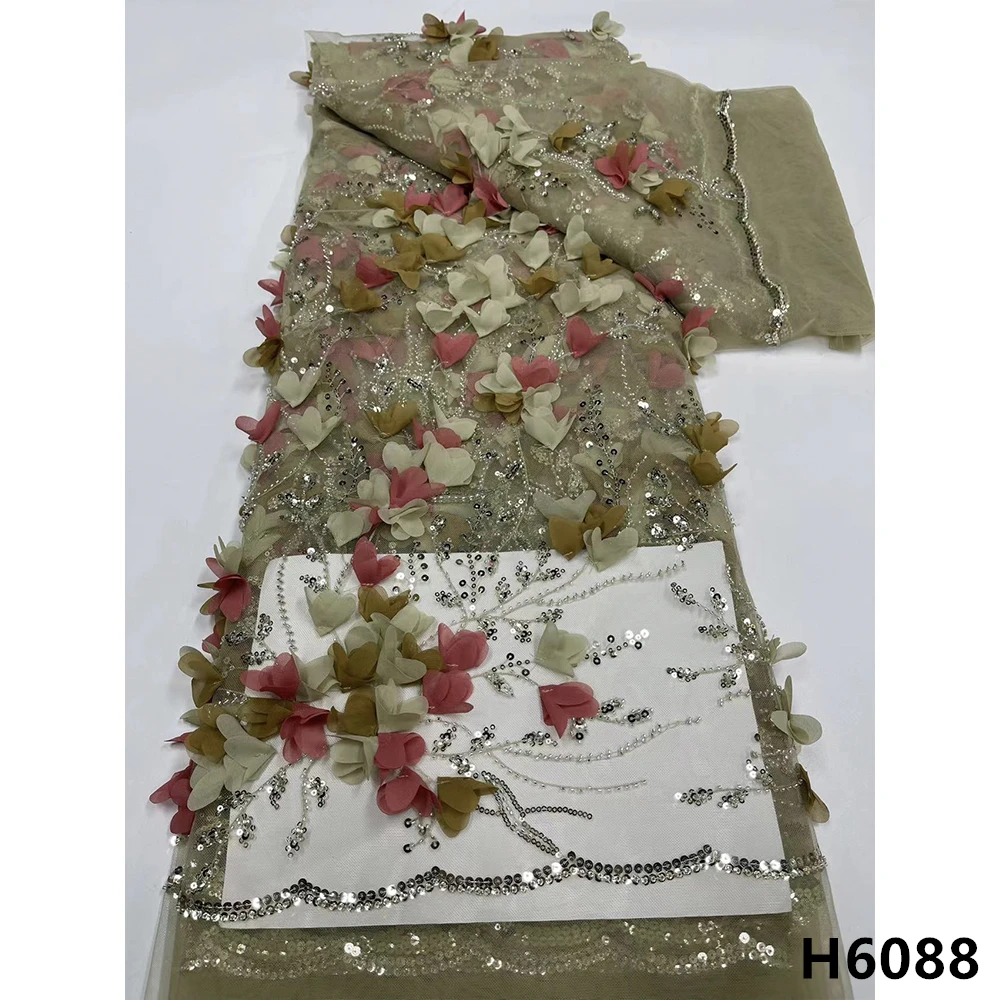 Tela de encaje africano con flores en 3D, tejido de tul nigeriano con cuentas, 5 yardas, para vestido de novia, HX6088, novedad de 2021-4