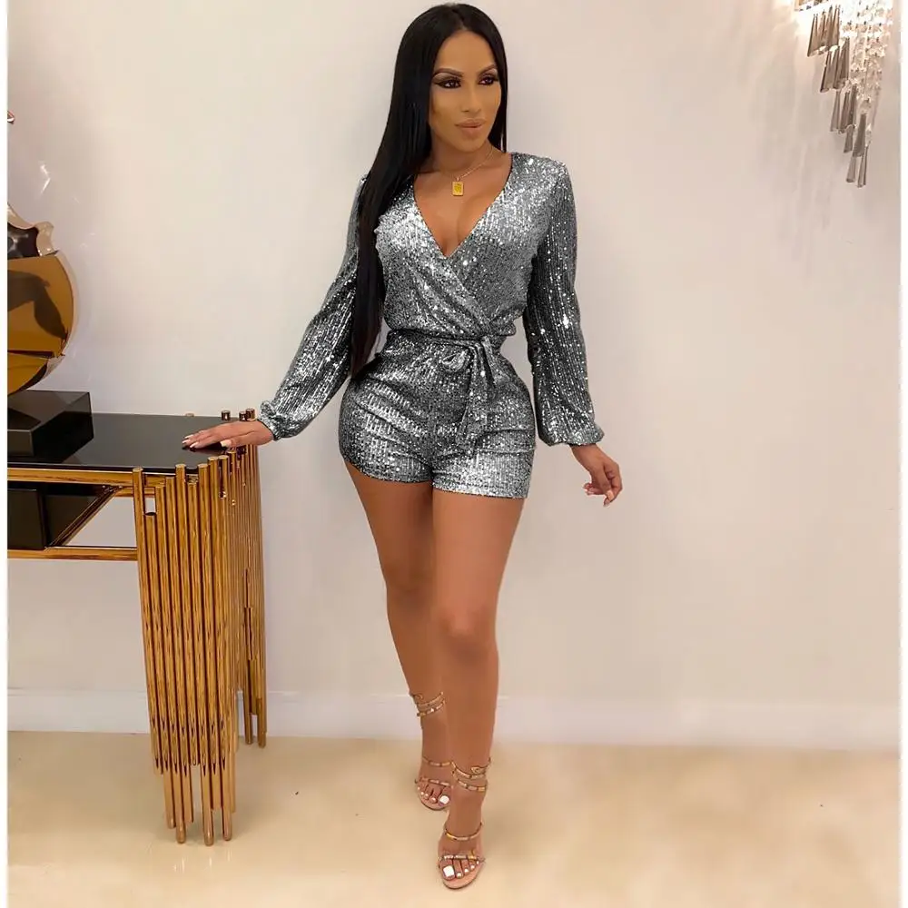 

Deep V Neck Sequined Autumn Playsuits Long Sleeve Casual Sashes Bandage Solid Short Jumpsuits Women Sexy Club Romper Plus Size