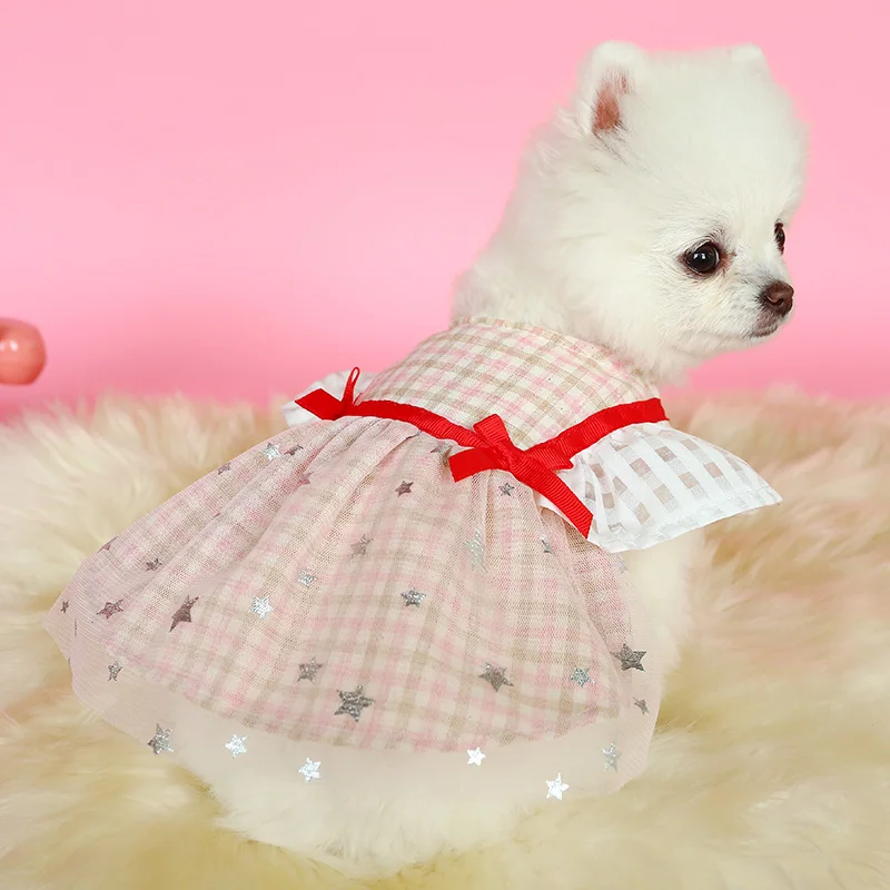 Plaid Bows Dog Dresses Blue Pink Girl Lover Pet Clothes Spring Summer Clother Breathable With Tutu Skirt Cat Outfit Poodle Pugs | Дом и сад
