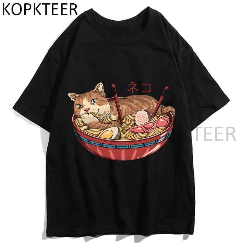 

Kawaii Cat Ramen волна Винтаж Ретро футболка для мужчин и женщин модные в готическом стиле, в стиле «хип-хоп» японский Стиль Повседневная хлопковая...