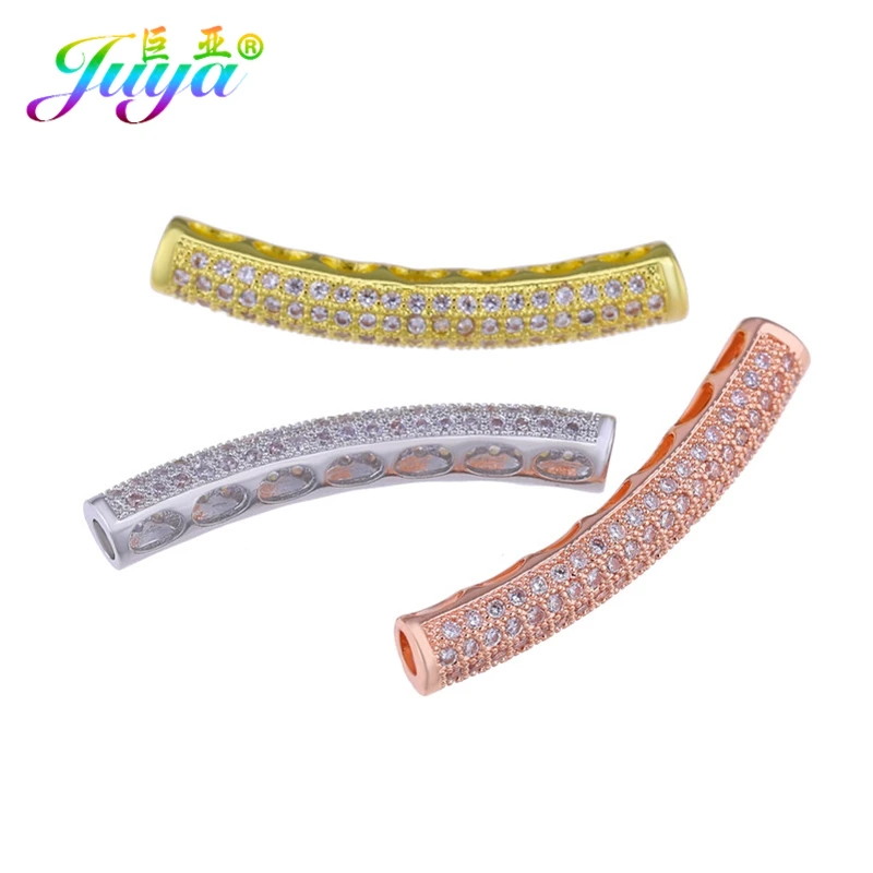 Juya DIY золотые/серебряные/розовые золотые разделительные бусины, поставки, микро проложенные циркониевые изогнутые трубчатые бусины для изготовления ювелирных изделий из натурального камня и жемчуга