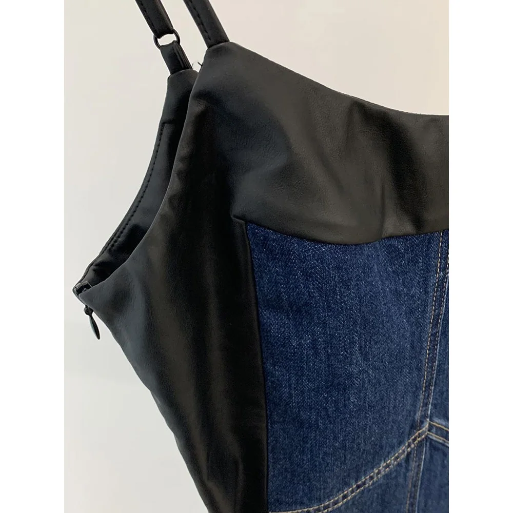 Женское платье 2022 осень шикарные Спагетти ремень Сплит Джинсы Сращивание ПУ кожа