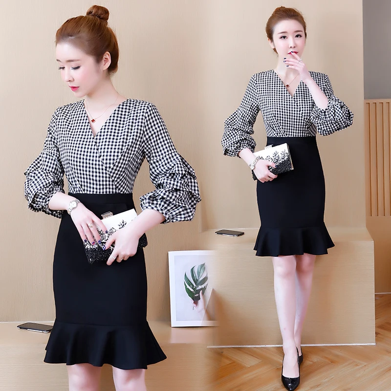 Платье COIGARSAM женское Осеннее черное в клетку с длинным рукавом стиле пэчворк