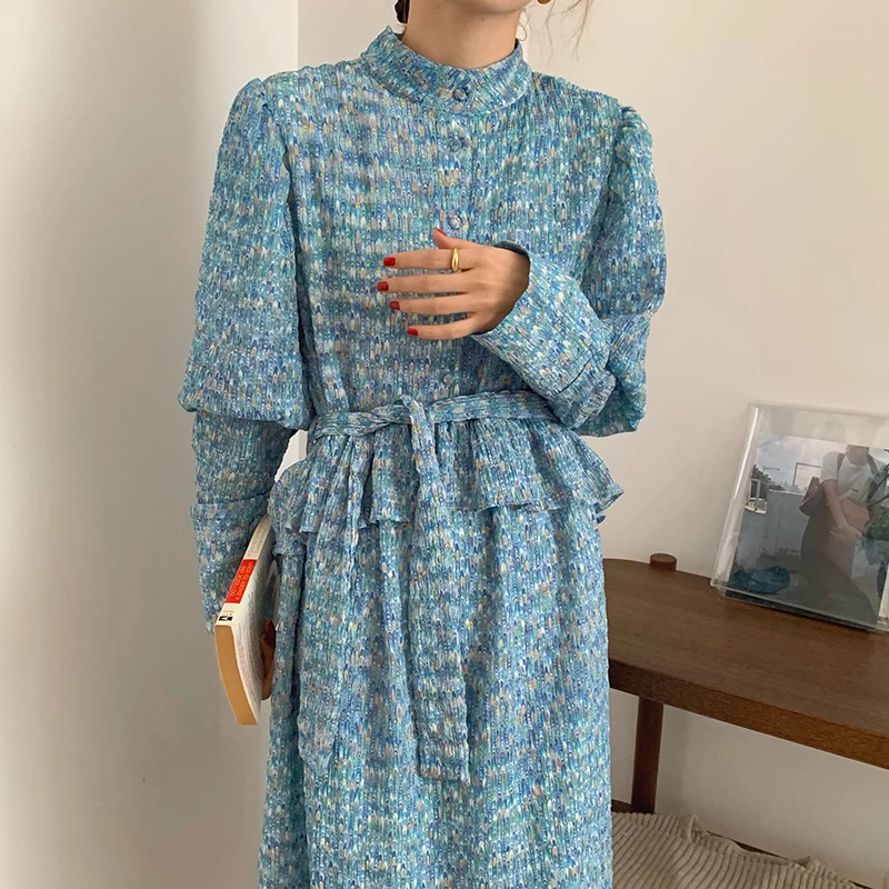 

Fall Print Floral Woman Dresses Spring Long Sleeve Party Vintage High Waist Elegant Maxi Dress for Women A-Line 2022 Lace Up