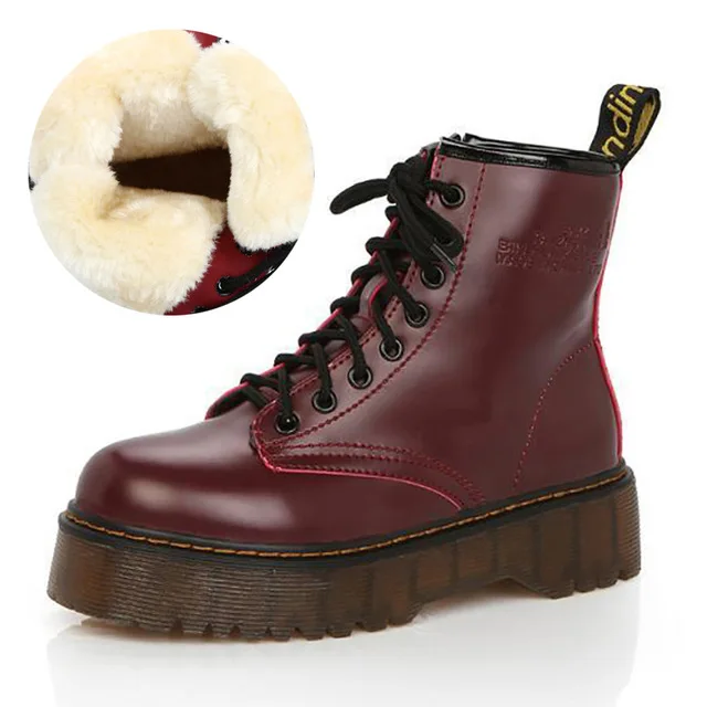 Wine red Fur Модные женские ботинки; ботинки Осень-зима; ботильоны на платформе в байкерском стиле; женские ботинки; обувь из искусственной кожи; женская обувь; Ботинки Martin - Цвет: Wine red Fur
