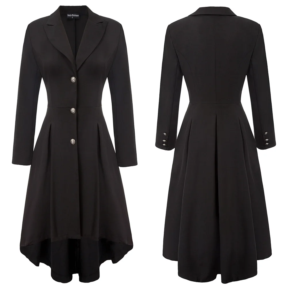 

vintage coat Women High-Low Hem Trench Coat Long Sleeve Lapel Collar Button Placket autumn fall lady black elegant slim outwear