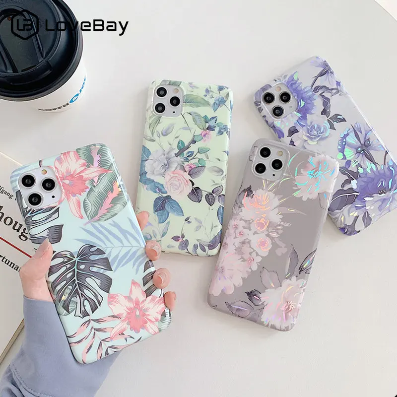 

Lovebay Retro Flower Leaves Phone Case For iPhone 13 12 11 Pro Max X XR XS 8 7 Plus SE2020 Banana Leaf Protection Soft IMD Cover