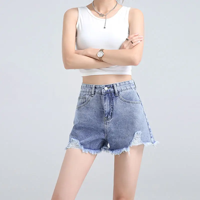 

Denim shorts women's high waist with holes showing thin and versatile