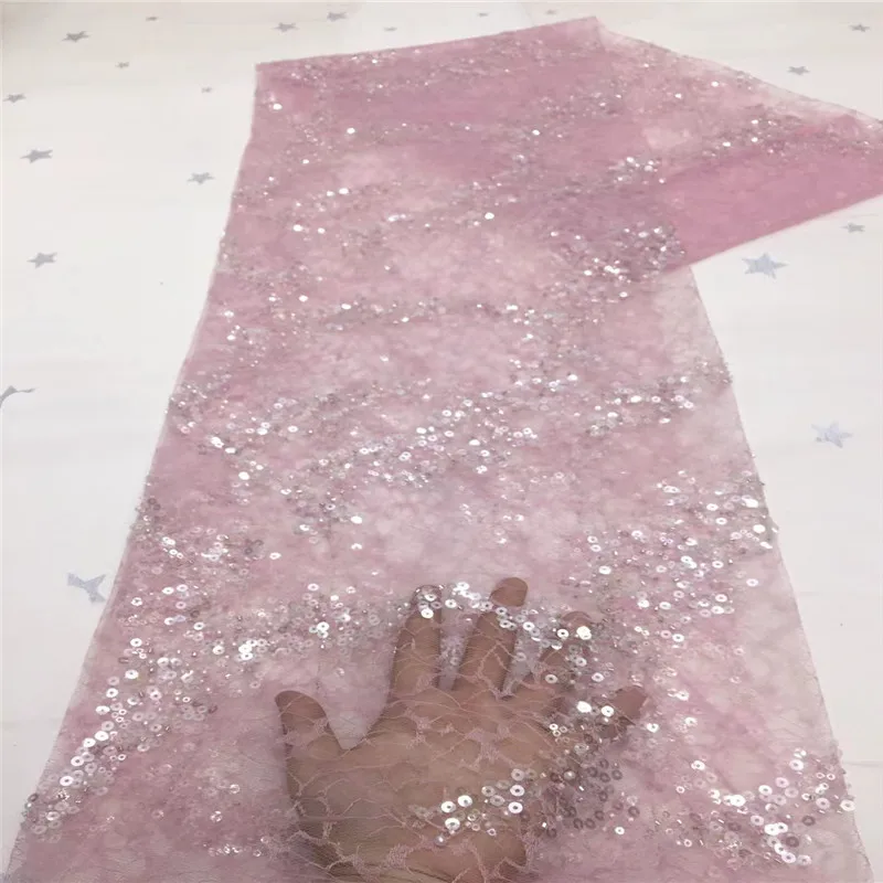 

Pink African Mesh Handmade Beaded Lace Fabric 5 Yards 2021 High Quality Embroidery For Nigerian Wedding Dress Sewing X98-20