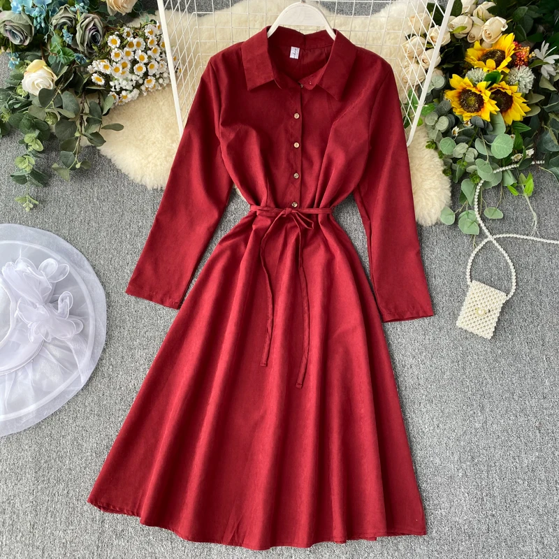 Женское ТРАПЕЦИЕВИДНОЕ ПЛАТЬЕ С Длинным Рукавом винтажное однотонное платье с