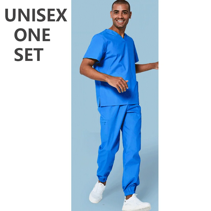 One Set BLUE Женский мужской костюм для скраба медицинский Спа-Униформа больница или рабочая одежда поплин удобный доктор-дантист рабочие костюмы топ и брюки - Цвет: One Set BLUE