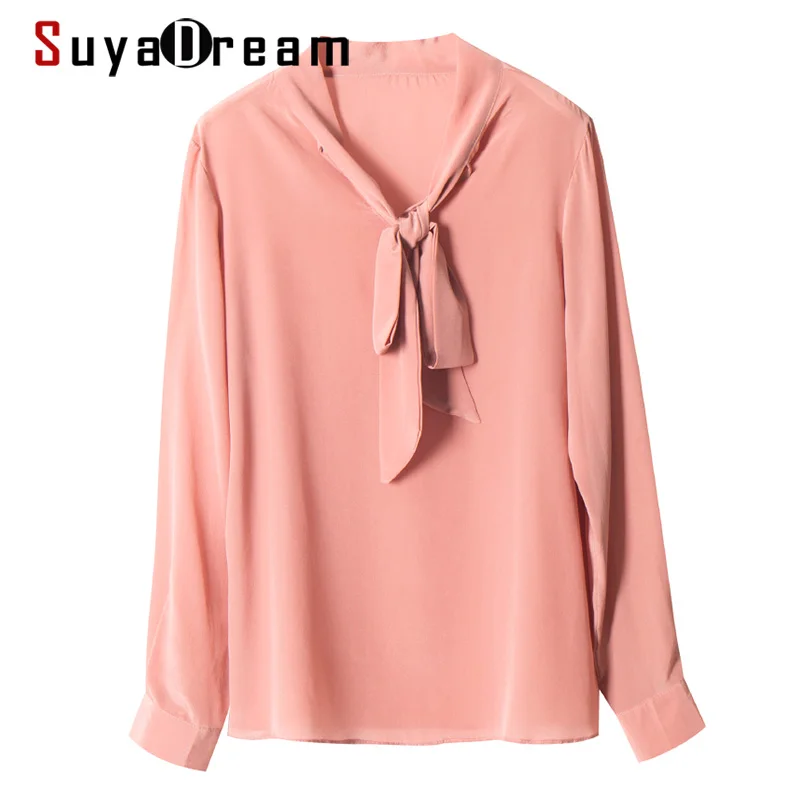 

SuyaDream Solid Silk Blouse Women 100% Silk Crepe Bow Collar Blouse Shirt 2020 Autumn Fall Office chic Shirts