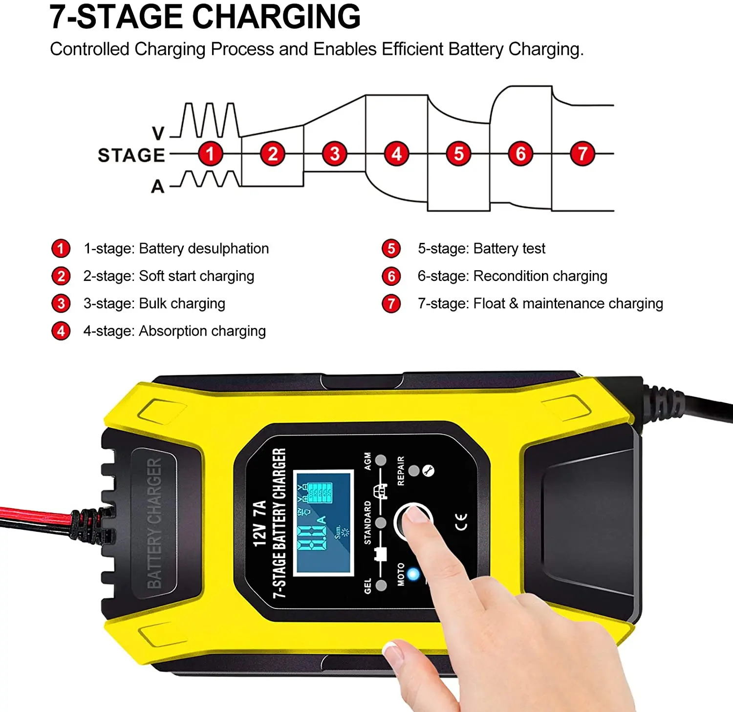 foxsur 7a 12v 7 stage automaticcar motorcycle charger pulse repair deep cycle efb gel wet agm car motorcycle battery charger free global shipping