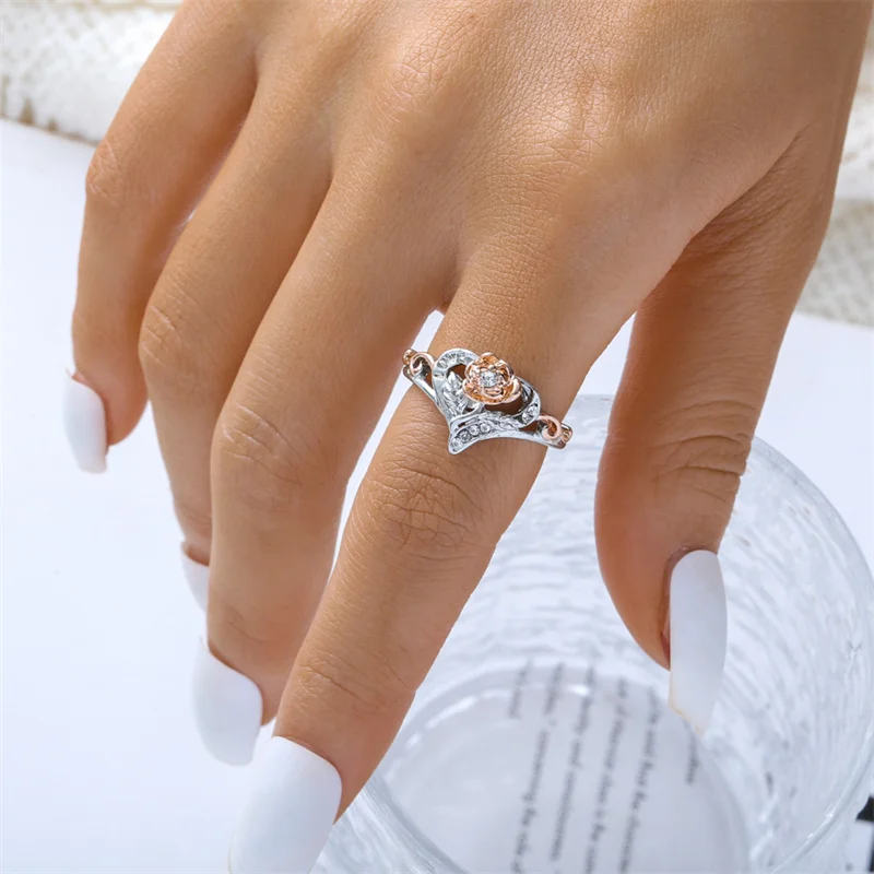 Love Rose Couple Rings for Women Punk LOVE Lettering Heart-shaped Crystal Rings Girls Jewelry Gifts