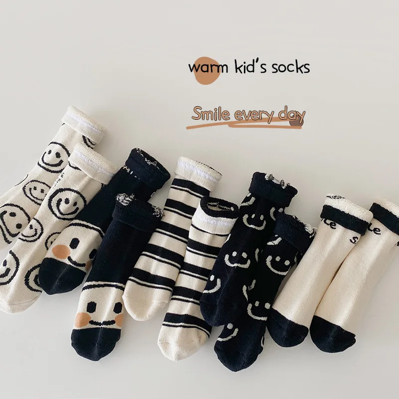 5Pairs Children's Socks and Lovely Cartoon Bear Striped Socks Combed Cotton Private  Comfortable Non-slip Socks Warm