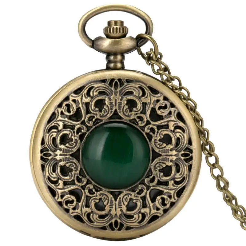 Изысканный изумрудно зеленый камень бронза чехол кварцевые карманные часы