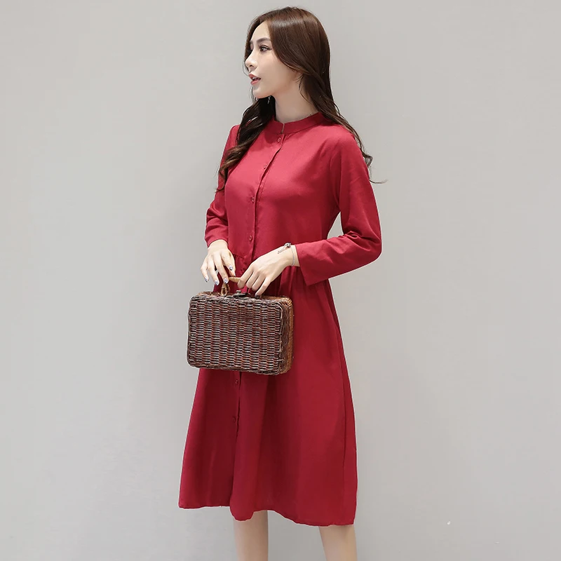 

COIGARSAM 4XL Plus Size National Wind Full Sleeve Women dress New Vintage Loose Dresses Red Navy 7045