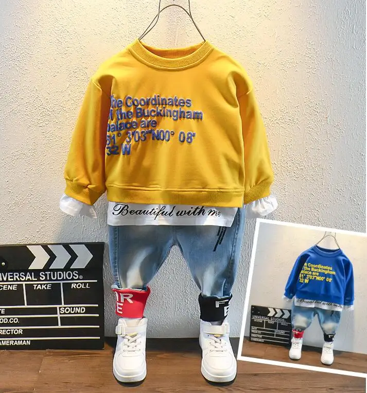

Spring Toddler Kids Baby Boy Letter Stitching T-Shirt Tops+ Jeans Pants Outfits Clothes Set Children's suit High Quality 2-6Year