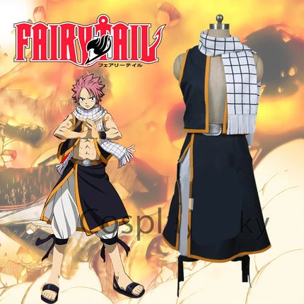 

Heigh Quality Anime FAIRY TAIL Cosplay Costume Etherious Natsu Dragneel Cool Cos Suit Men Scarf Top + Skirt