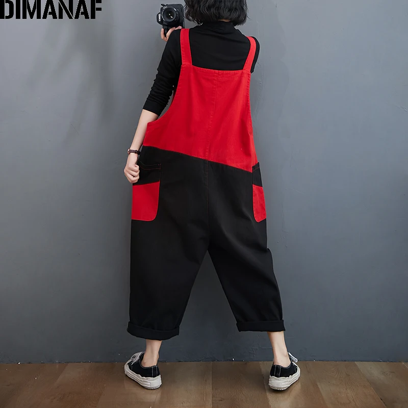 DIMANAF Plus Size Women Jumpsuits Overalls Jeans Long Pants Trousers Autumn Winter Streetwear Clothing Loose Casual Spliced Red