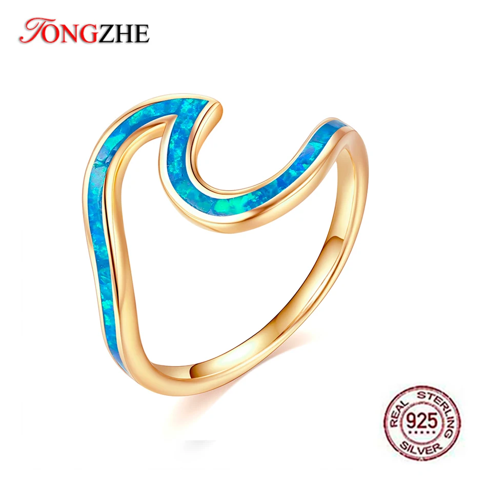 

TONGZHE Blue Opal 925 Sterling Silver Rings Classic Wave for Women Engagement Finger Ring Female Ring Vintage Wedding Rings
