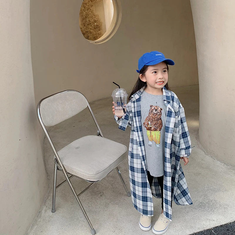 

MILA CHOU 2021 Autumn Girls Long-sleeve Long Section Blue Plaid Shirt Children Korean Casual Jacket Top Blouse For Kid 2-8Y