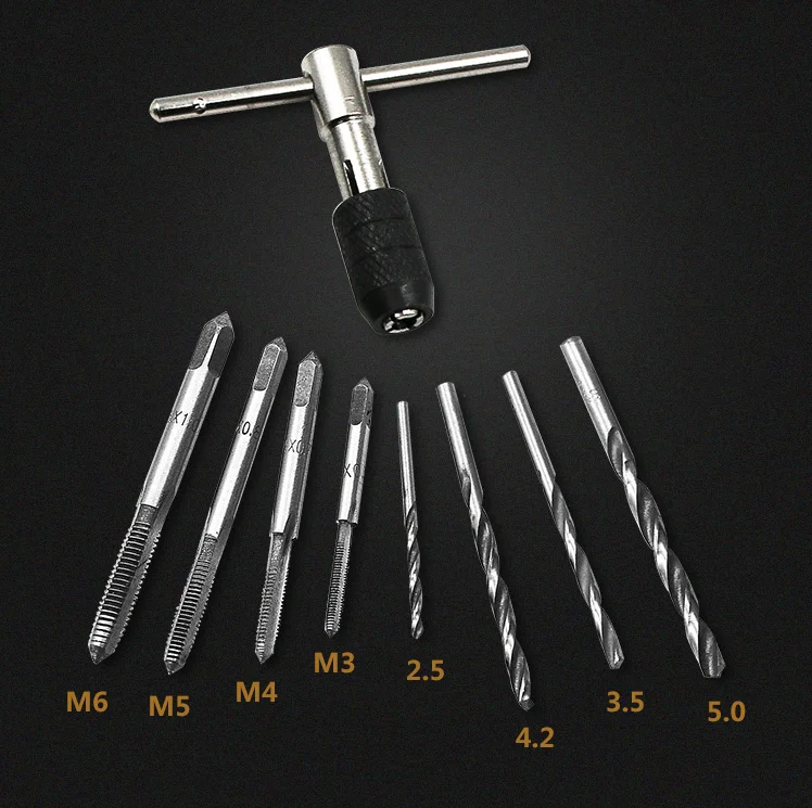 9pc HSS Hand Tap Set M2 Twist Drill Bits T-Handle Wrench hread Reamer M3-M6 Taps For Wood Soft Metal Aluminum PCB | Инструменты