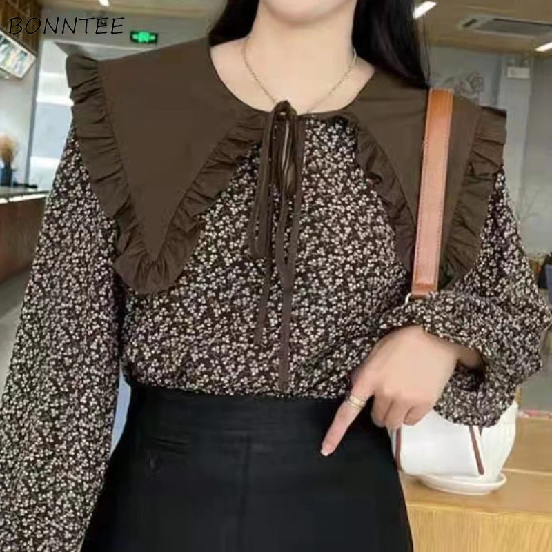 

Blouse Women Elegant Fashion Cozy Long Sleeve Peter Pan Collar Casual Autumn Lace-up Female Floral Tender Mature Feminine Party