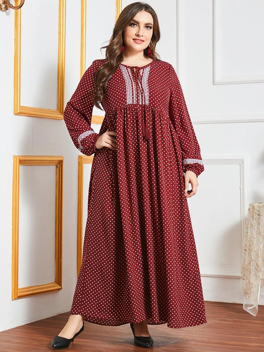 

Large Size Arab Middle East Women's Round Neck Tie Long Sleeve Fashion Polka Dot Printing Stitching Waist Dubai Fashion Muslim L