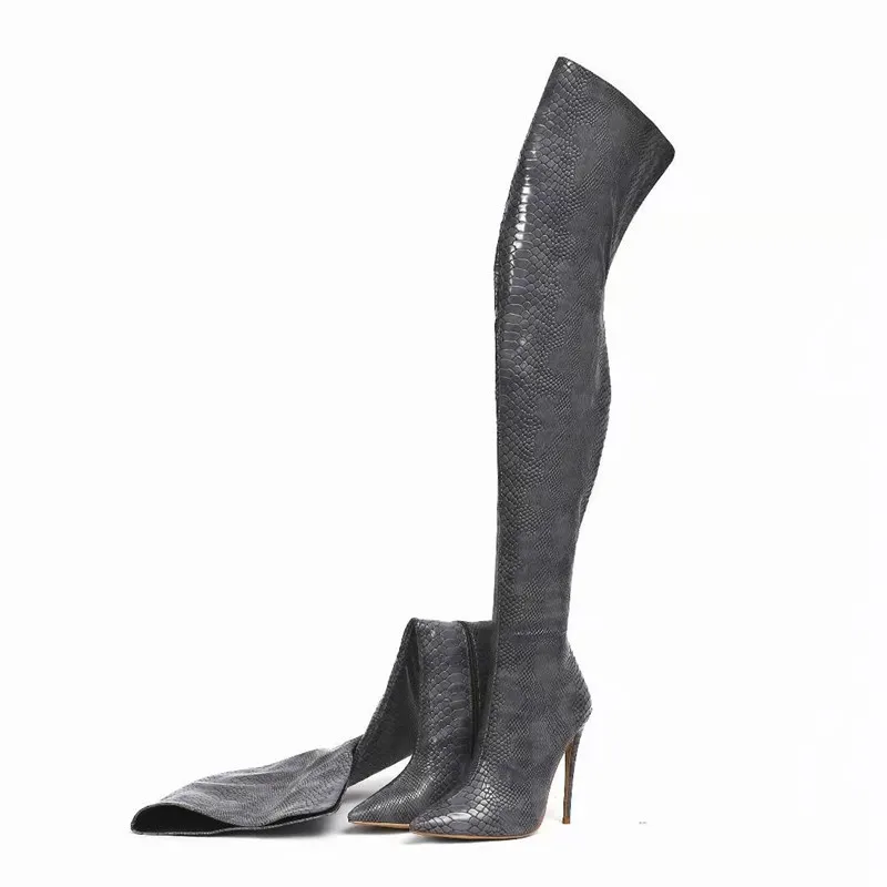 Women Over The Knee High Boots Female Slip On Pointed Toe Long Winter Boots Snakeskin Print Sexy Long Boots