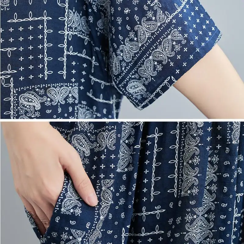 

Plus Size Plaid Summer Blue Dress Women Vintage Cotton 4XL 5XL 6XL Ladies Dresses Casual Long Woman Oversized Robe Dress 2021