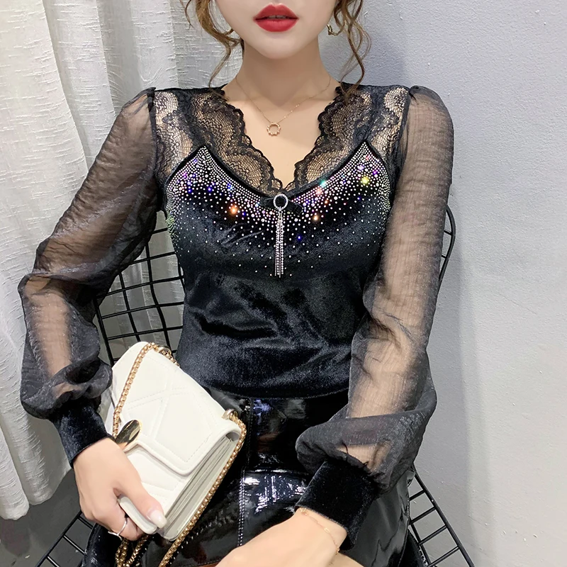 

2020 Autumn Winter woman tshirts Fashion long sleeve Hot drilling Women t-shirt Patchwork plus size women's shirt blusas