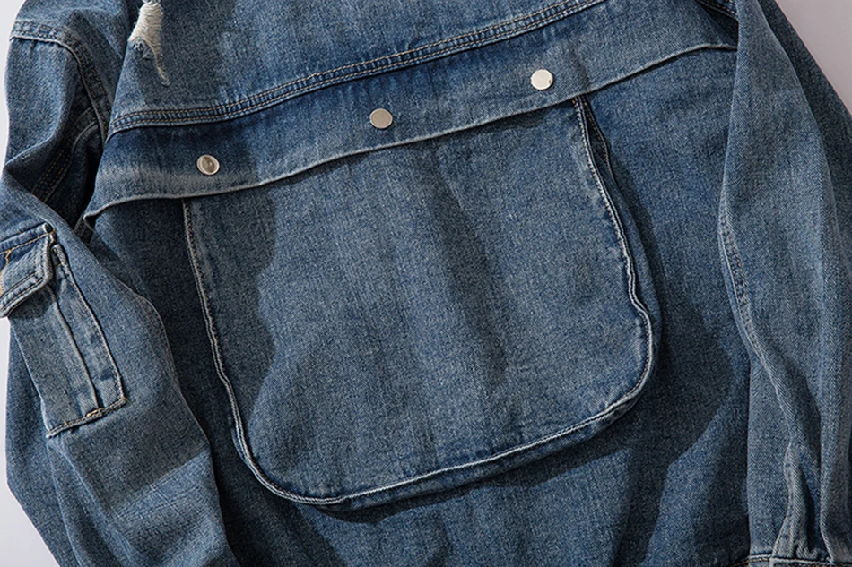 

Original Zipper Pockets Hole Hooded Jeans Jackets Men Loose Jaqueta Masculino Denim Jacket Male Hip Hop Coats Bomber Jacket