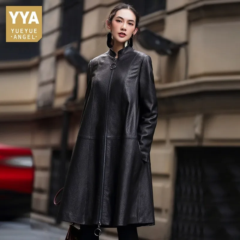 Модный женский плащ средней длины из овчины с длинным рукавом и стоячим