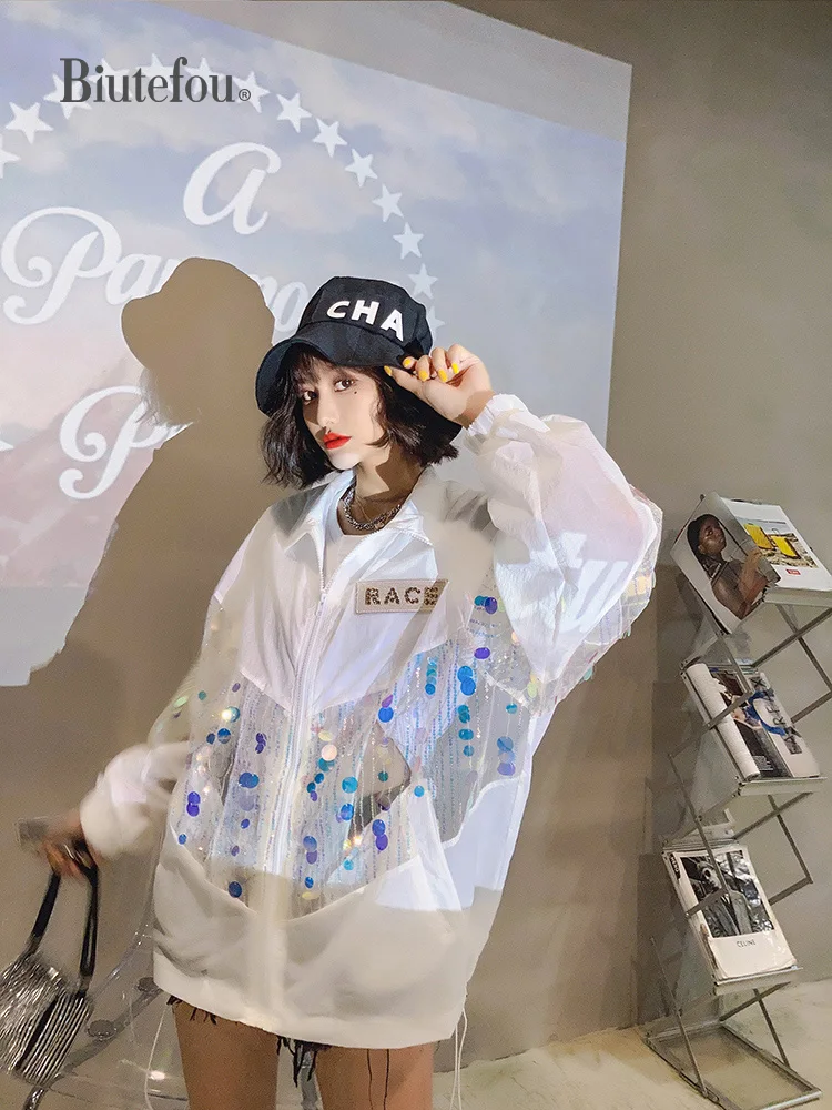 

2021 Summer Women Sequins Thin Loose Breathable Sun Protection Coat