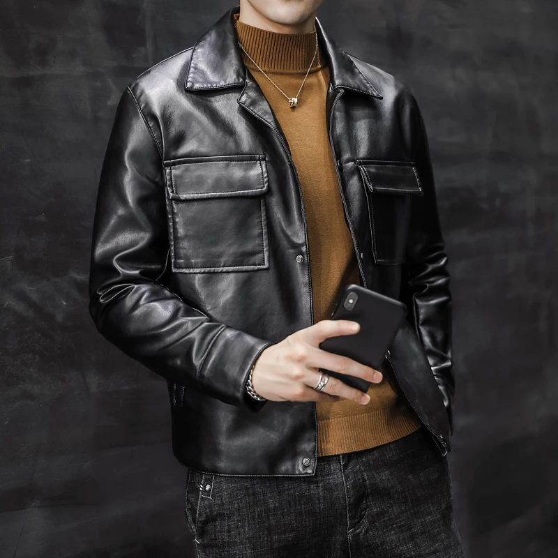 

High Quality Turn Down Collar Front Pocket Solid PU Leather Motorcycle Jackets Men Clothing 2020 Slim Fit Black Coats Casual 4XL