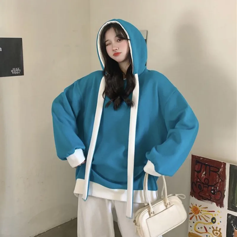 Женская осенне-зимняя Свободная рубашка контрастных цветов с капюшоном и