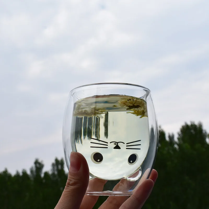 Двойная Изолированная стеклянная чашка креативная большая кошачий узор пара