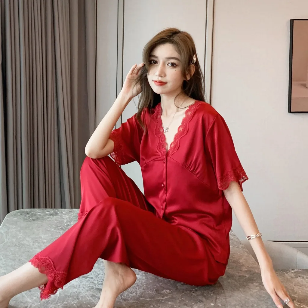 Short Sleeve Trousers Pajamas Women's Summer Ice Thin Korean Version 2021 New Spring Summer 2Pcs Set Home Wear Sleepwear