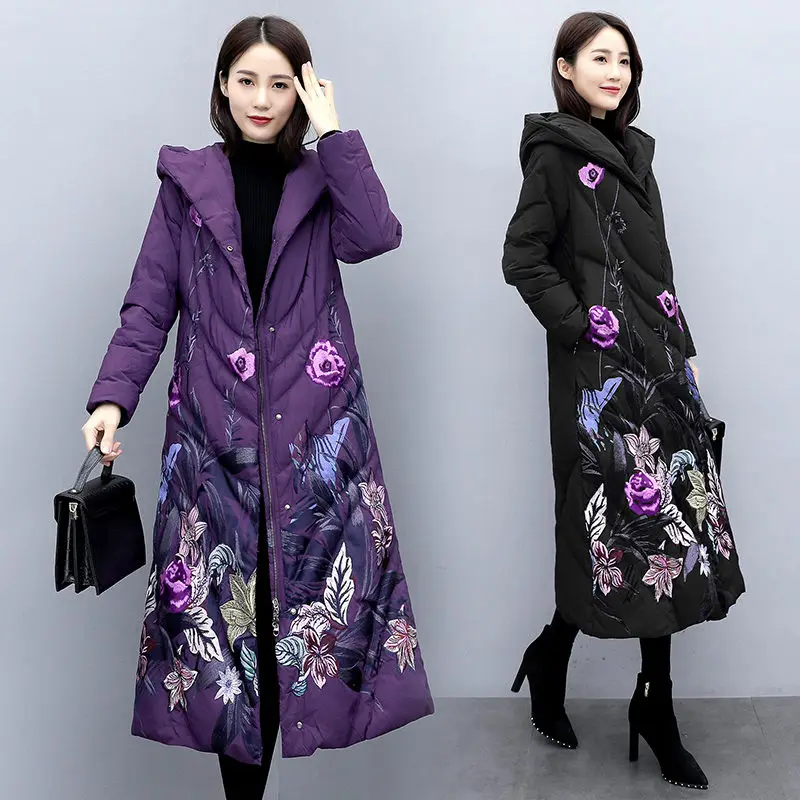 Фото Женская Стеганая куртка средней длины зимняя в стиле ретро с капюшоном китайском