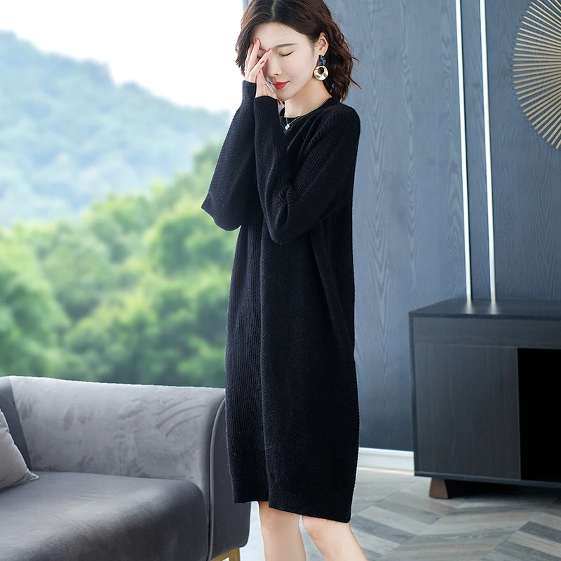 Женское кашемировое платье с круглым вырезом теплое длинное трикотажное