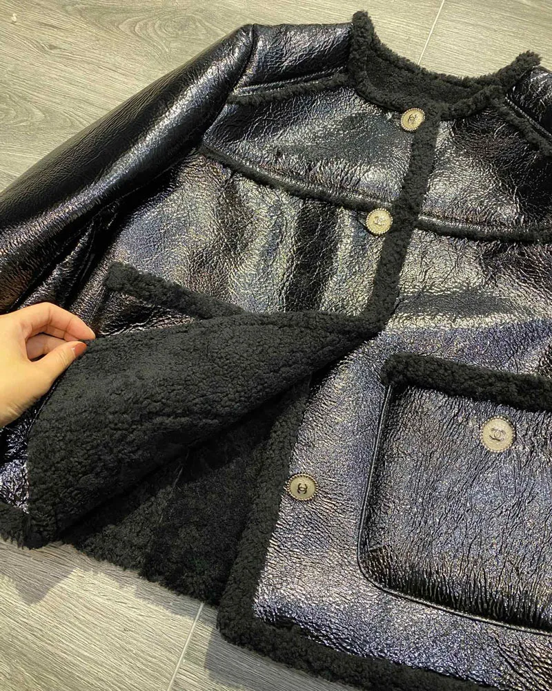 

Coat Winter Short Women Clothes 2021 New Arrival Casual Style Natural Real Fur Jacket O-neck Bright Black Leather Outerwear