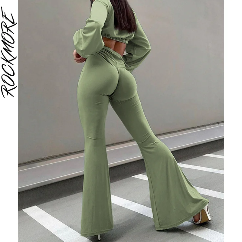 

Rockmore Solid Flare Pants Women Elegant Skinny Wide Leg Trousers Y2K Streetwear High Waist Joggers Plus Size Bottom Casual 2021