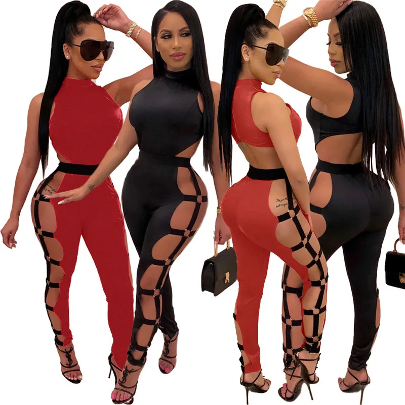 

Women Sexy Hollow Out Night Club Jumpsuit Mock Neck Sleeveless Zipper Backless Skinny Romper Fashion Overalls