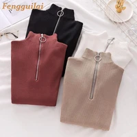 casual zipper sweater women turtleneck solid spring autumn female knitted sweater pullovers long sleeve chic soft jumper top