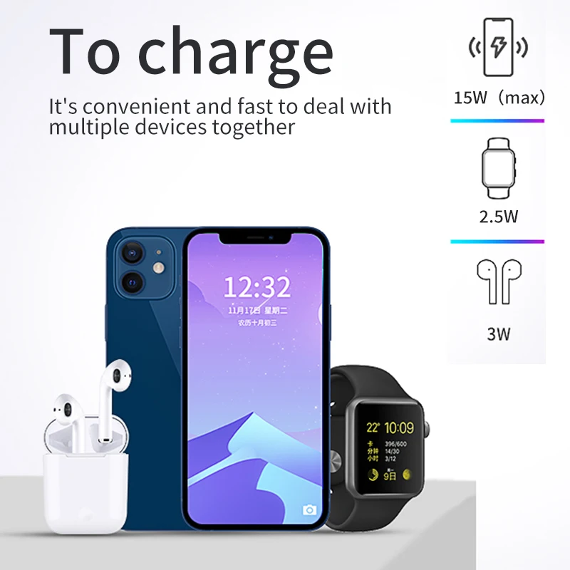 Qi Fast Wireless Charger 3 in 1 15W Charging Dock Station For iPhone 12 11 Pro XS MAX XR X 8 Apple Watch SE 6 5 4 AirPods | Игрушки и