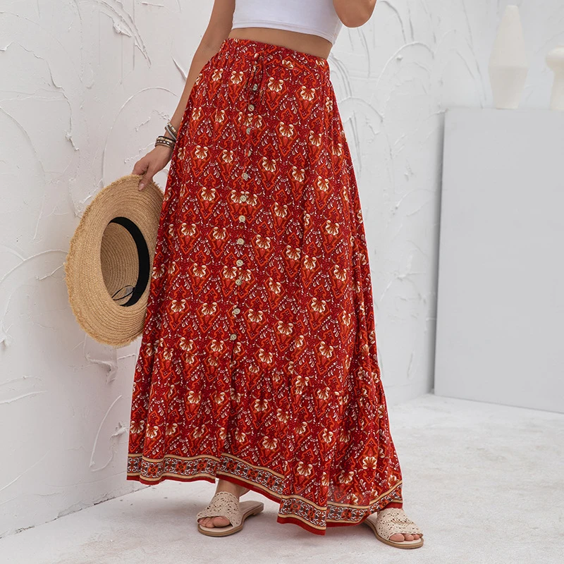 

Summer High Waist Irregular Skirts Floral Print Women Elastic Waist Ruffles A-Line Long Skirt 2021 New Casual Boho Beach Faldas