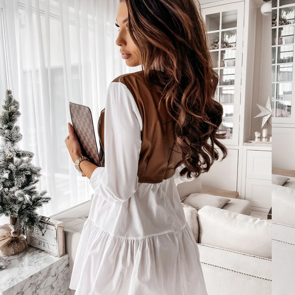 

2021 Spring New Dress Ladies Long Sleeve Loose Shirt Lapel Dress Fashion PU Leather Stitching Clothes Women Party Mini Dresses