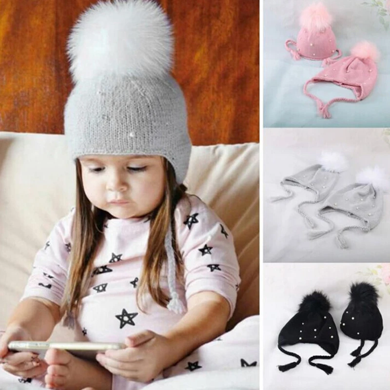 

Autumn Winter Baby Hat Pearl Pompom Fur Ball For Girls Kids Hats Earmuffs Warm Lace-Up Cap Infant Toddler Hat Children Bonnet